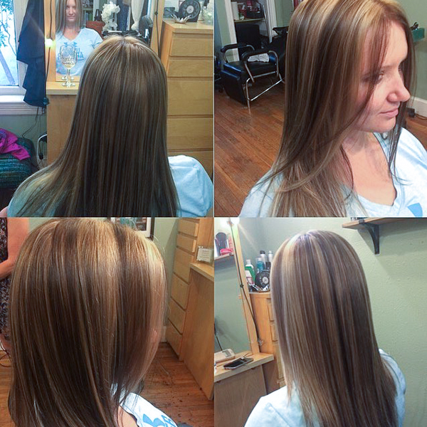 long, light brown hair with blonde highlights